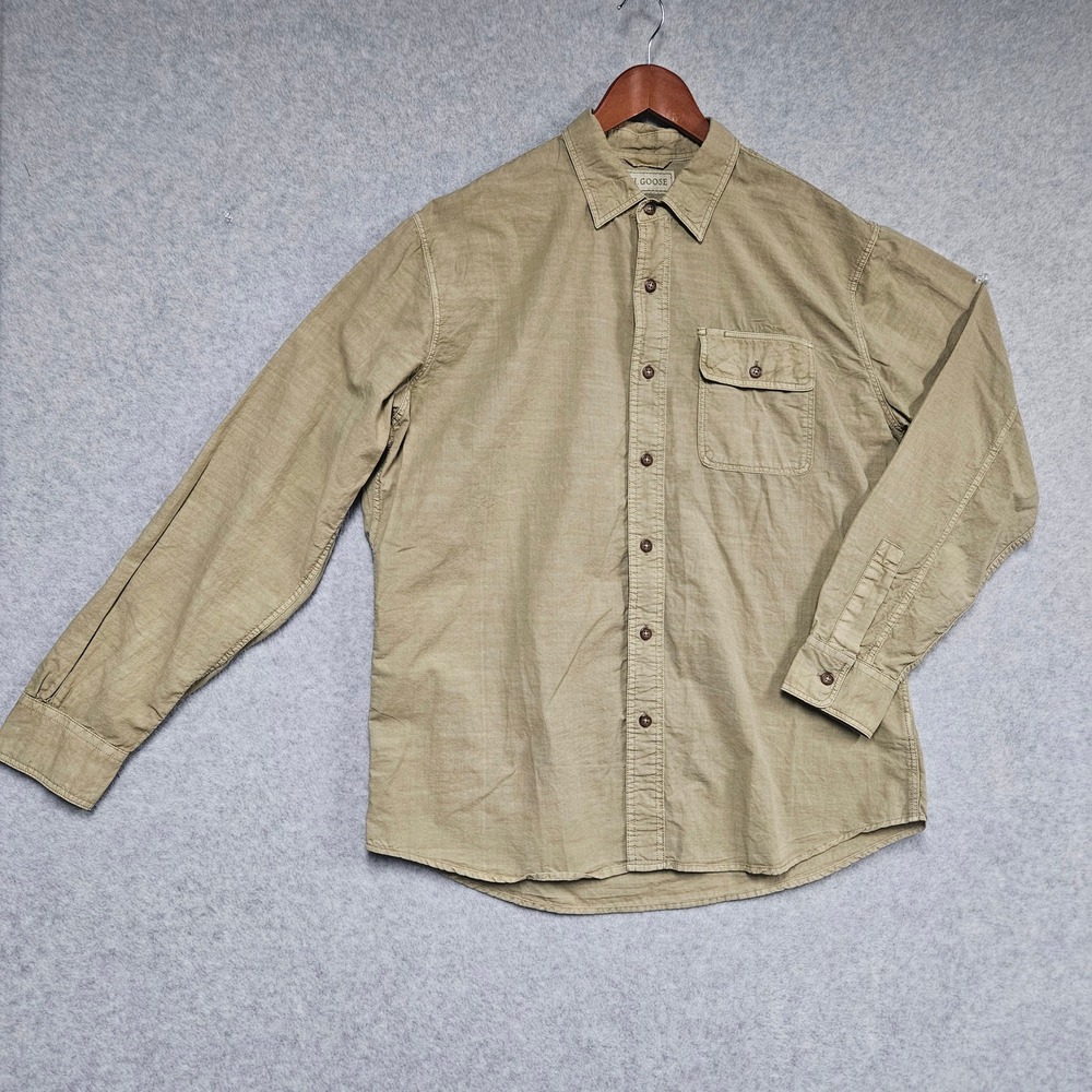 H. Goose Button Down Mens L Khaki Tan Field Shirt Long Sleeve Cotton Slub Pocket